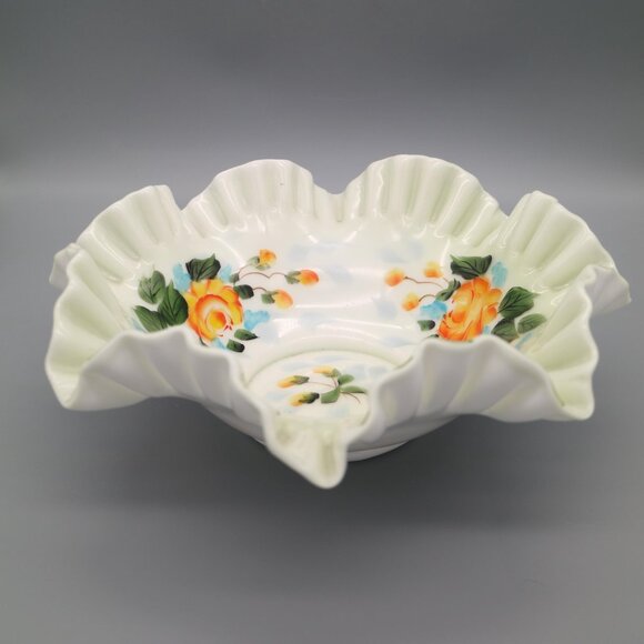 Vintage Ruffled Edge Bridal Bowl with Yellow Rose Floral Pattern Milk Glass Dish - Picture 3 of 6